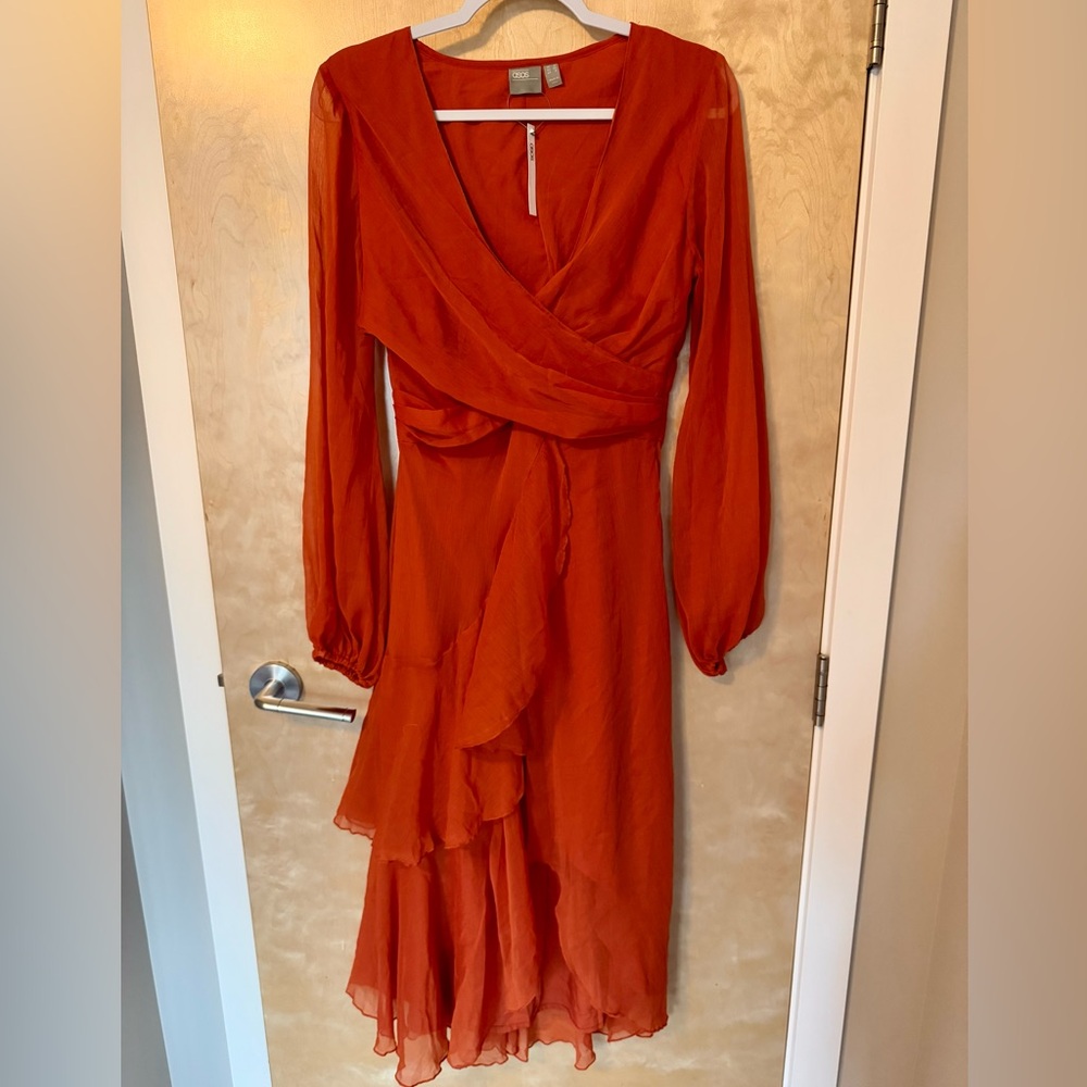 ASOS Orange Long Sleeve Fake Wrap Dress